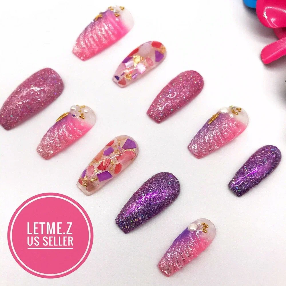 Press‎ on Nails Glue On Long Coffin 3D Mermaid Pink